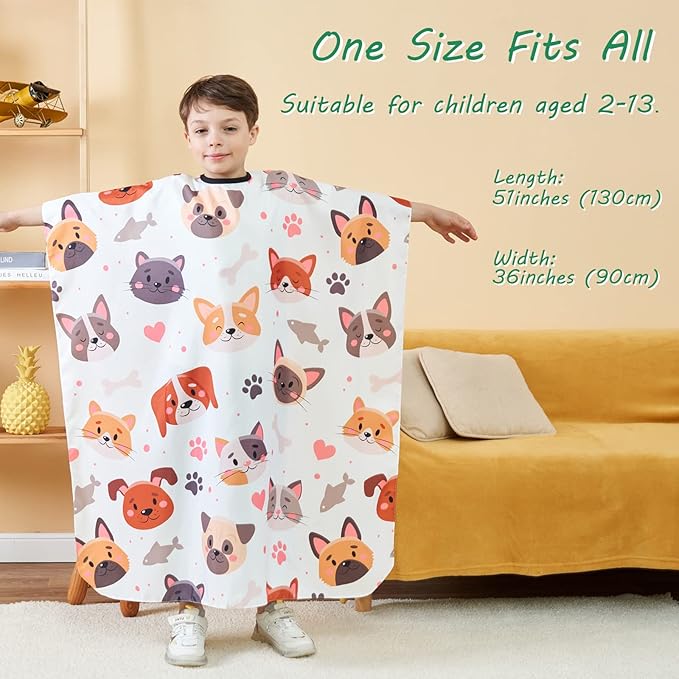 Barber Cape for Kids, Professional Hair Salon Cape with Adjustable Neck Strap, Shampoo Hair Cutting Cape for Salon and Home - 51 x 36 inches (Cartoon Dog & Cat Pattern)