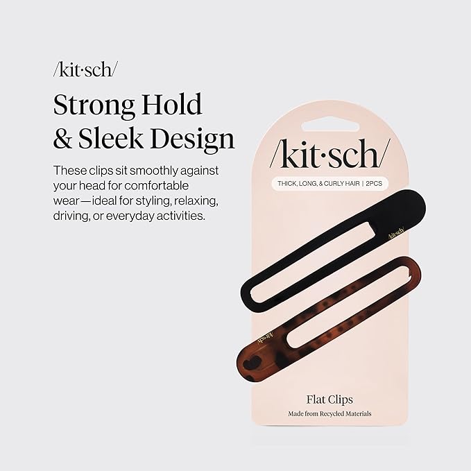 Kitsch Flat Hair Clips for Women - Strong Hold, No Slip Grip Flat Claw Clips | Sleek Curved Design For Comfortable Look | Hair Accessories For Girls - Black & Tortoise, 2pcs