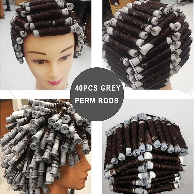Meigick Perm Rods Set for Short Natural Hair 40Pcs Gray Plastic Cold Wave Rods Hair Curling Rollers Small Size 0.59 Inch For DIY Hairdressing Styling