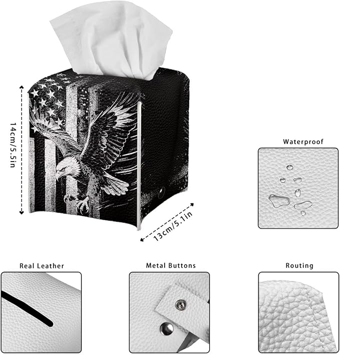 American Flag Eagle Portable Tissue Box Holder, Lightweight PU Leather Square Tissue Cover with Metal Button, Easy Refill Waterproof Napkin Dispenser for Travel, Car, Office, and Bedroom