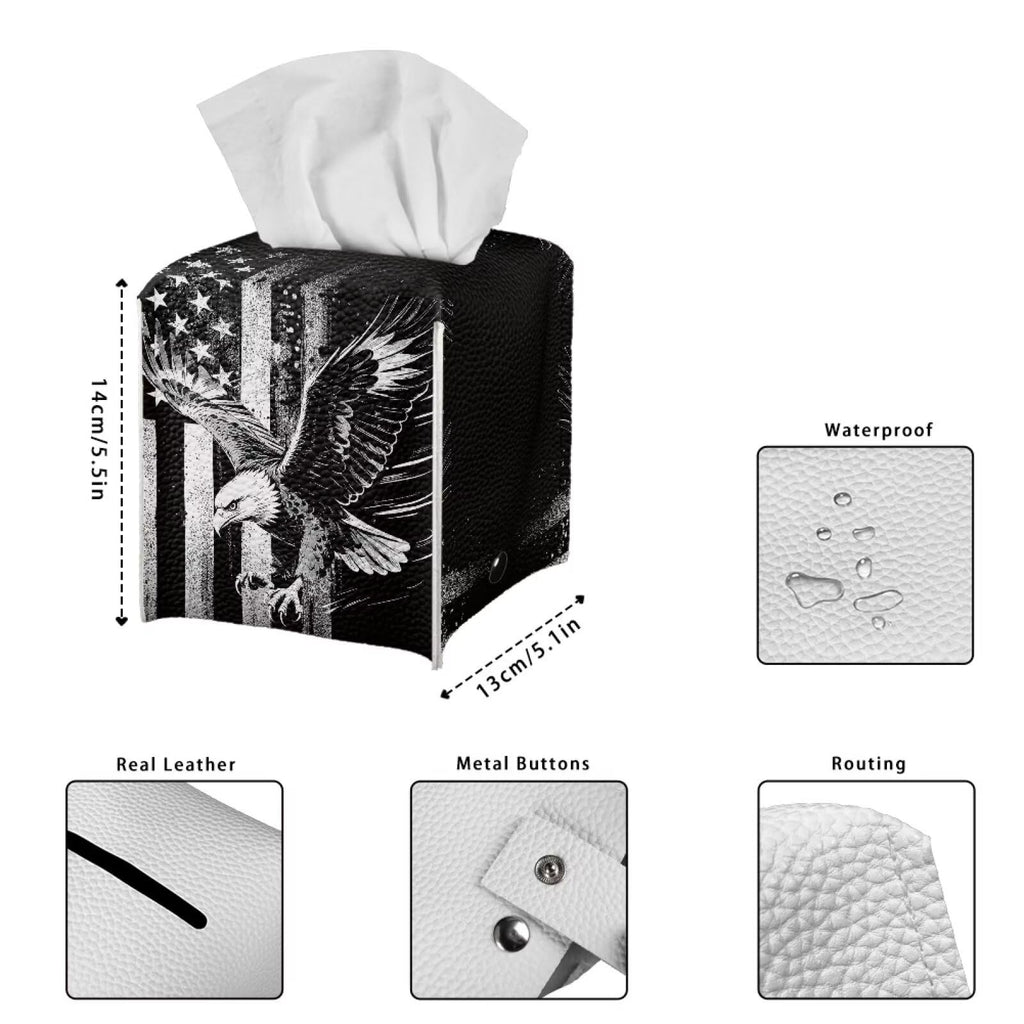 Pzuqiu American Flag Eagle Portable Tissue Box Holder, Lightweight PU Leather Square Tissue Cover with Metal Button, Easy Refill Waterproof Napkin Dispenser for Travel, Car, Office, and Bedroom