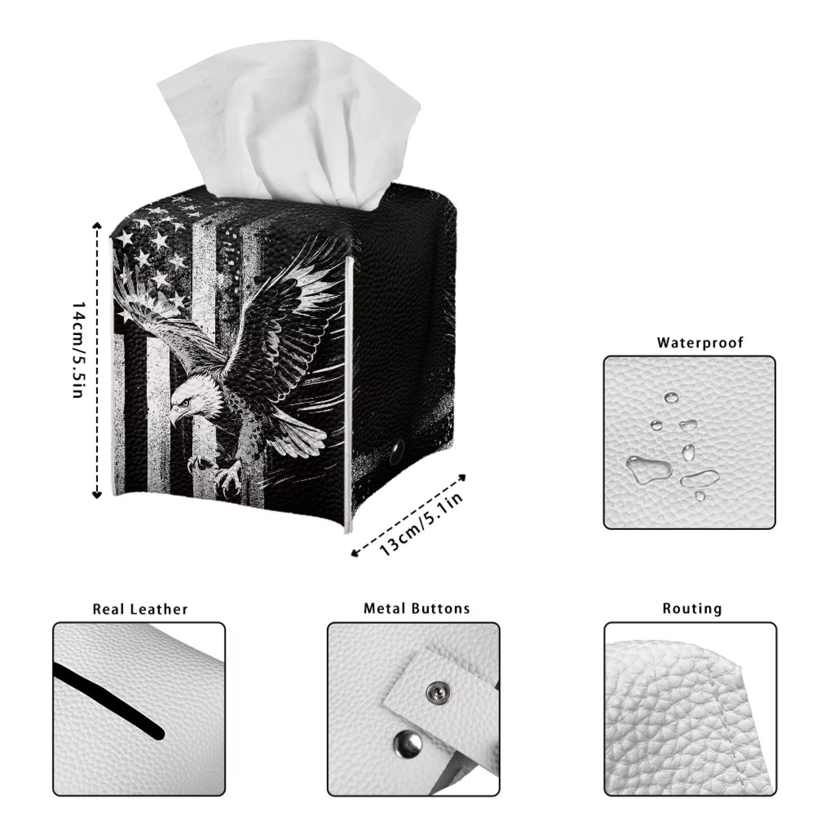Pzuqiu American Flag Eagle Portable Tissue Box Holder, Lightweight PU Leather Square Tissue Cover with Metal Button, Easy Refill Waterproof Napkin Dispenser for Travel, Car, Office, and Bedroom