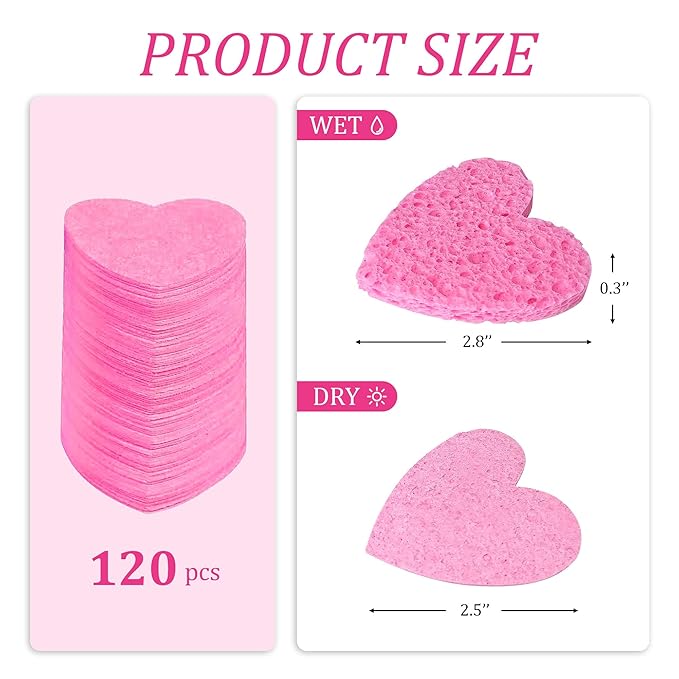 Silkyhose Women 120-Count Compressed Cellulose Heart Shape Face Facial Sponges 100% Natural Cosmetic Sponges for Facial Cleansing Exfoliating Mask Skin Massage (（Pink） 120 Count)