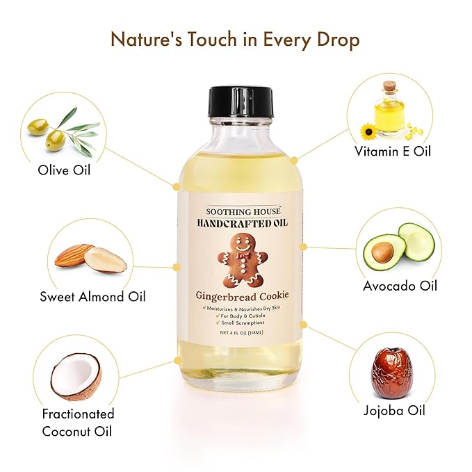 Soothing House Gingerbread Cookie Body Oil: Moisturizing Body Oil for Soft, Glowing Skin with Almond & Jojoba Oil (4 fl oz)
