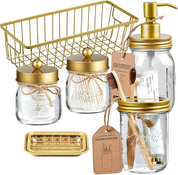 SheeChung Mason Jar Bathroom Accessories Set,6Pcs Rustic Bathroom Set