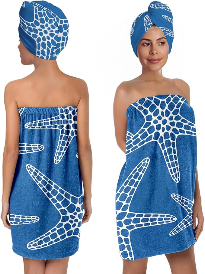 Starfish Towel Wrap for Women with Hair Turban – Quick Dry Microfiber Bath Skirt Set for Shower, Spa, Beach, Dorm – Adjustable Wrap Towel with Adjustable Closure