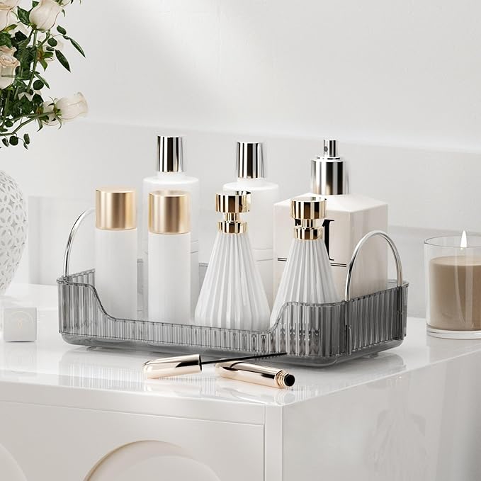 YCIA&DONE Bathroom Organizer Countertop, Makeup Storage, Skincare Cosmetic Tray Shelf, Perfume Holder Rack for Vanity Counter, Large Capacity, Easy to Install, Clean, 1 Tier, Smoky Gray