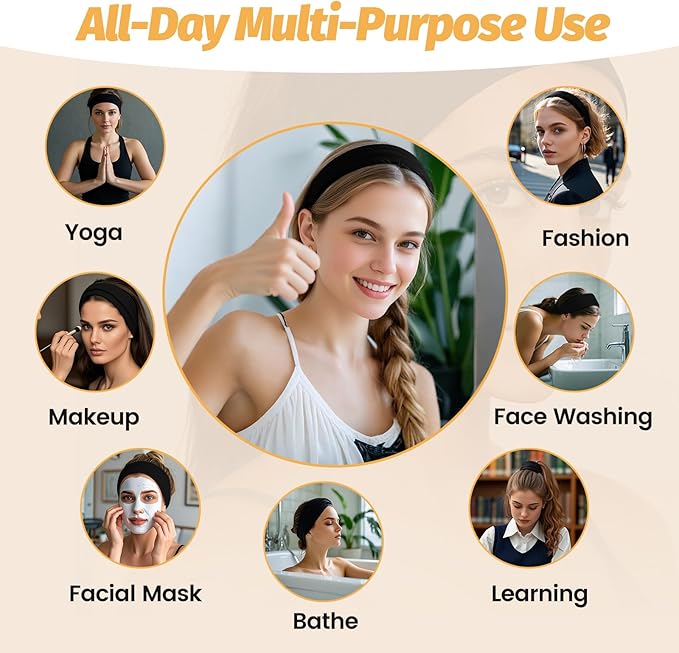 Headbands for Women - 6 Pack Wide Elastic Hairbands | Ultra-Soft Moisture Wicking Sports Headband | Non-Slip Accessories Bands for Fashion, Workouts, Yoga, Daily Use (6 Pack Black)