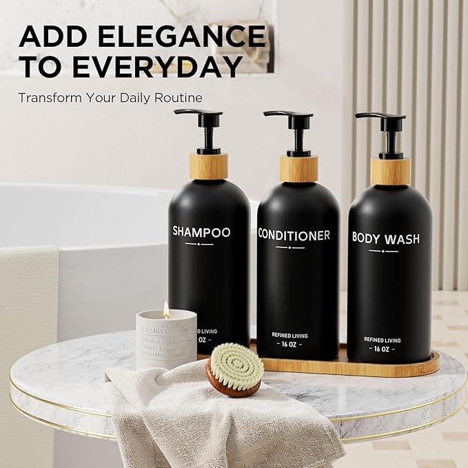 Shampoo and Conditioner Dispenser Set,Shower Soap Dispenser for Bathroom,Refillable Shampoo and Conditioner Bottles with Bamboo Pump and Tray,Soap Dispenser Bathroom for Shower (Black, 3-Pack)