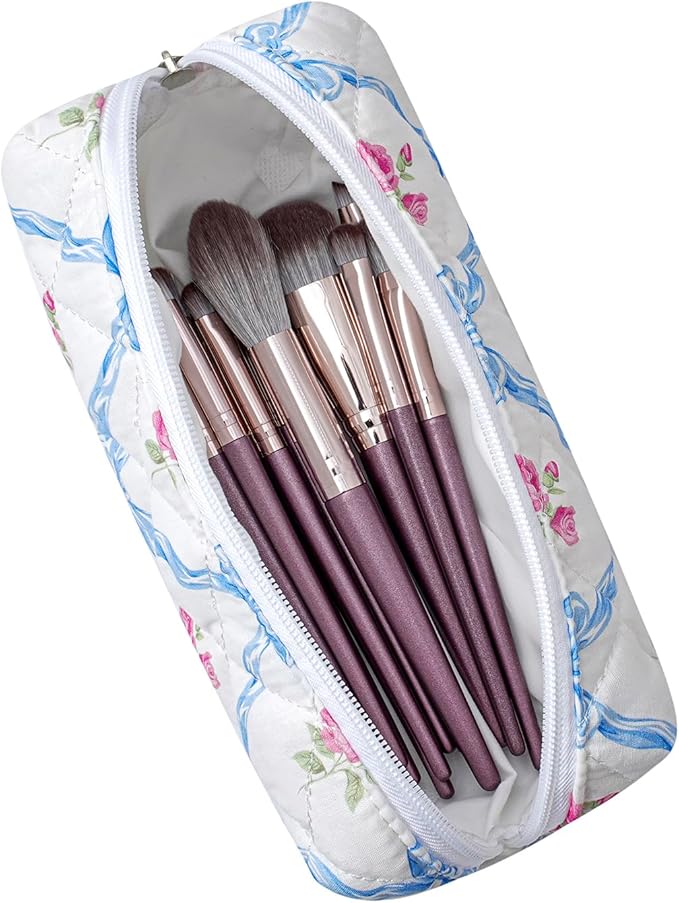 HHQQWZ Cute Floral Cotton Makeup Brush Cosmetic Bag for Women, Travel Quilted Zipper Make Up Bag, Flowers Toiletry Organizer Case Kawaii Makeup Cosmetic Travel Cloth Pouch (Pink Bowknot+Blue Bowknot)