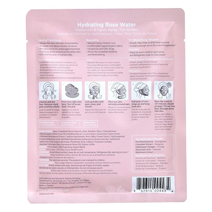 DERMOVIA LACE YOUR FACE Patented Compression Facial Mask, AS SEEN ON SHARK TANK, Reusable Biodegradable Cotton Anti Aging Skin Care, Hydrating Rose Water, 4 pack