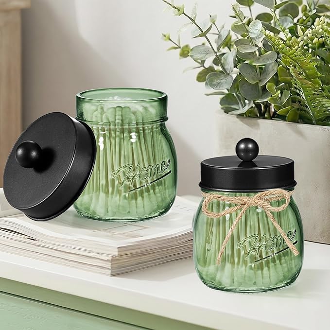 SheeChung Green Glass Qtip Holder Dispenser, Mason Jar Apothecary Jars with Lids, Bathroom Organizers and Storage, Vanity Countertop Canisters Set for Cotton Swab, Ball, Pad, Floss Pick-Black, 2 Pack