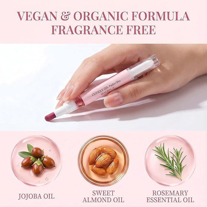 Rhostry Ceramic Cuticle Pusher & Nail Oil Pen, 2-in-1 Nail Care Tool for Sensitive or Damaged Nails, Gentle Hangnail Remover, Portable Nail Pen with Stainless Steel Cuticle Cleaner (Pink)