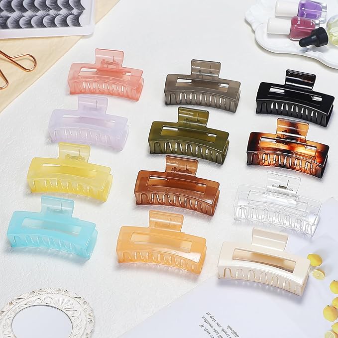 Sisiaipu 12 Pack Medium Square Claw Hair Clips, 3.5 x 2 x 1.1 inch, Shiny, 12 Colors, Hair Accessories for Women and Girls, Rectangular Rectangle Jaw Clips for Thick and Thin Hair Securing, 12 Pieces