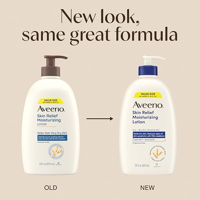 Aveeno Skin Relief Moisturizing Body Lotion Heals Very Dry, Sensitive Skin, Fast-Absorbing Lotion with Soothing Triple Oat & Shea Butter Formula, Fragrance Free Lotion, Non-Comedogenic, 33 Fl Oz