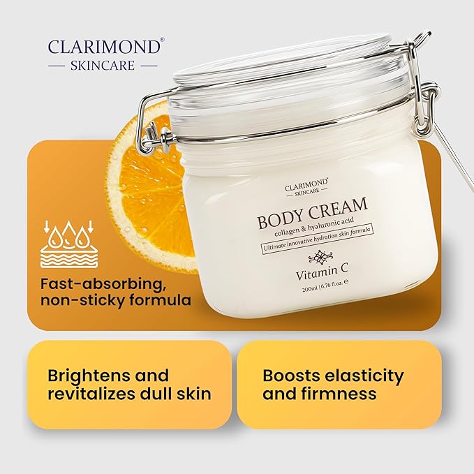 Clarimond Vitamin C Body Lotion w/Hyaluronic Acid & Collagen Peptides - Brightening Hydrating Moisturizer Non-Greasy for Dry, Sensitive Skin - Firming Tightening Body Cream