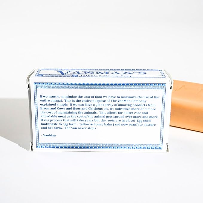 VanMan Beef Tallow and Honey Bar Soap – Pure Grass-Fed Beef Tallow for Skin with Raw Honey & Distilled Water, Unscented Soap, Hydrating & Nourishing, Clean Ingredients, 3.8oz - 10 Pack