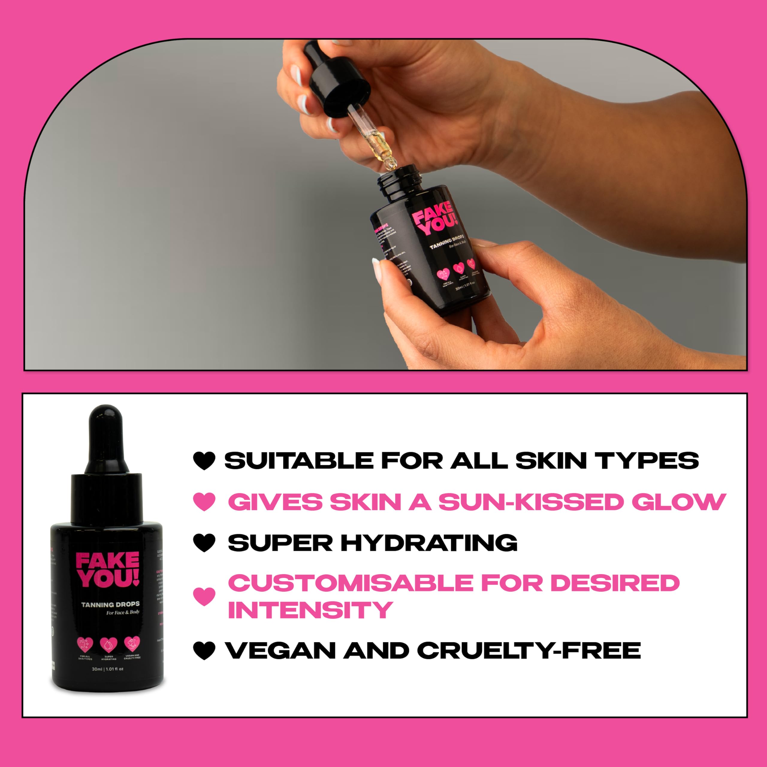 Fake You! Tanning Drops – Self Tanner for Natural Glow – Buildable Face & Body Tan – Streak-Free Finish – Long-Lasting Hydration/Sunless Tanning – 30ml