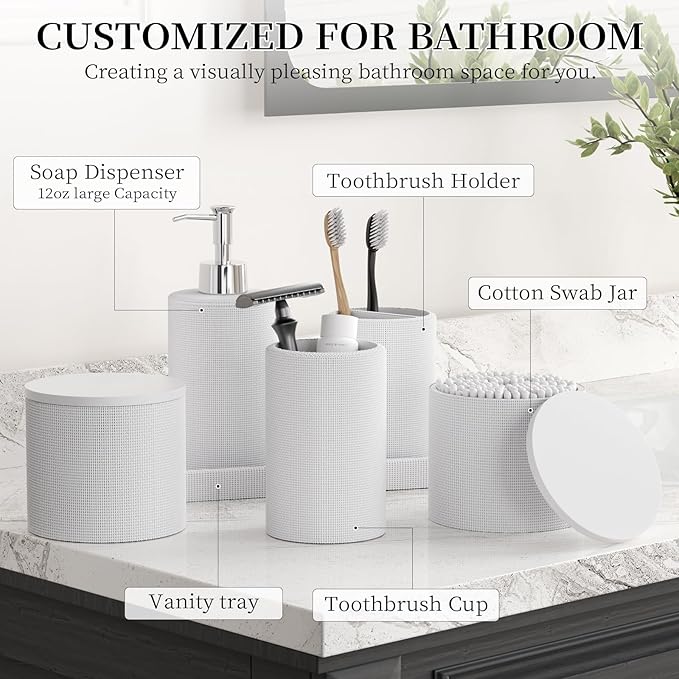 InnJoey 6-Piece White Bathroom Set - Mesh Textured Resin Bathroom Accessories Set with Soap Dispenser, Toothbrush Holder, Cup, Vanity Tray & Apothecary Jars for Small Spaces