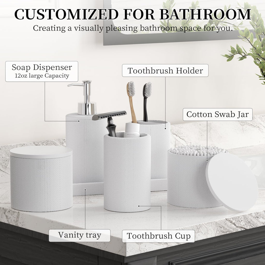 InnJoey 6-Piece White Bathroom Set - Mesh Textured Resin Bathroom Accessories Set with Soap Dispenser, Toothbrush Holder, Cup, Vanity Tray & Apothecary Jars for Small Spaces