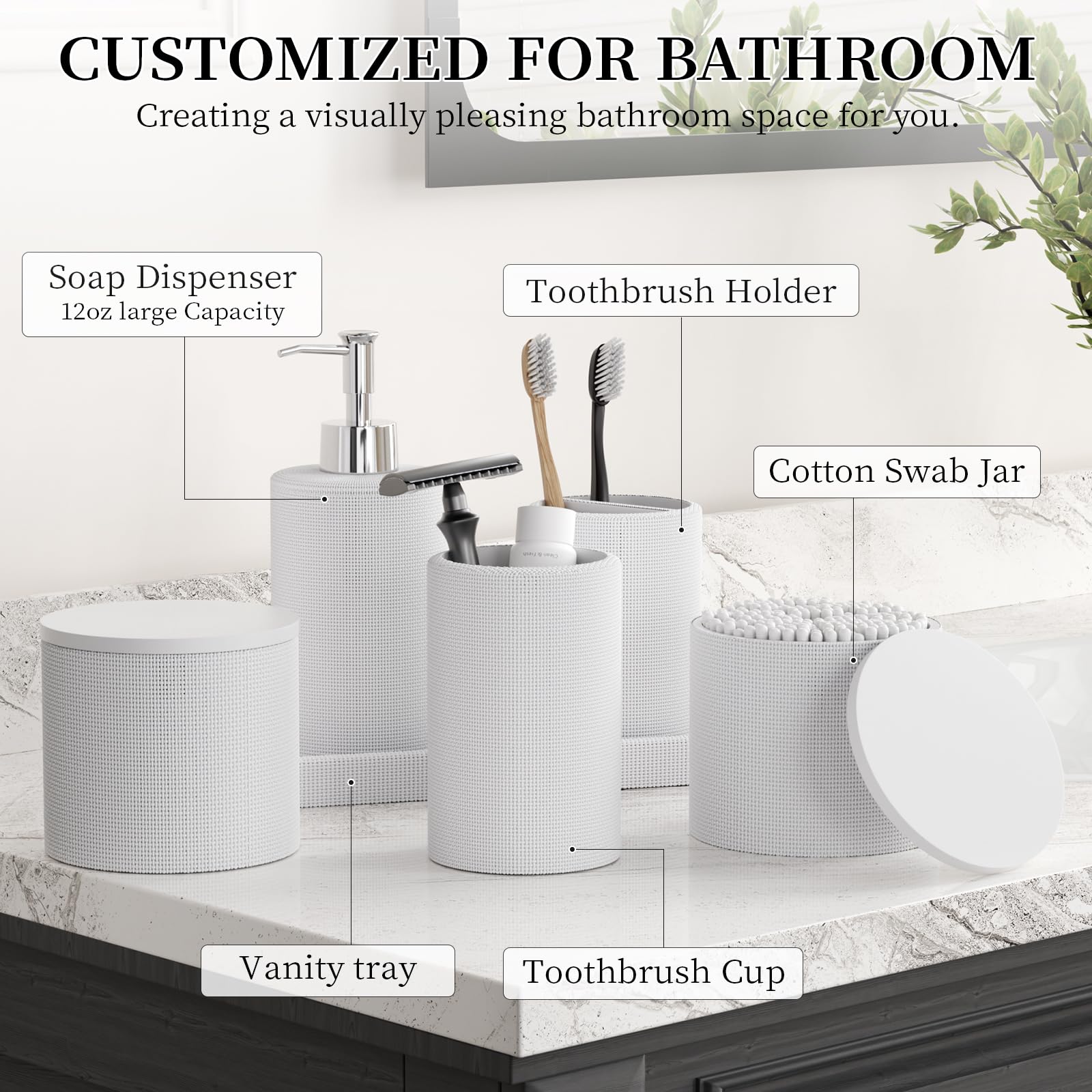 InnJoey 6-Piece White Bathroom Set - Mesh Textured Resin Bathroom Accessories Set with Soap Dispenser, Toothbrush Holder, Cup, Vanity Tray & Apothecary Jars for Small Spaces