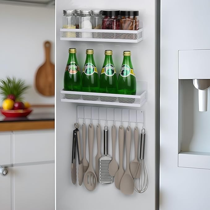 Rixordd 3-Pack Magnetic Spice Rack for Refrigerator, Moveable Shelf with 10 Hooks, Fridge Organizer for Kitchen Storage, White