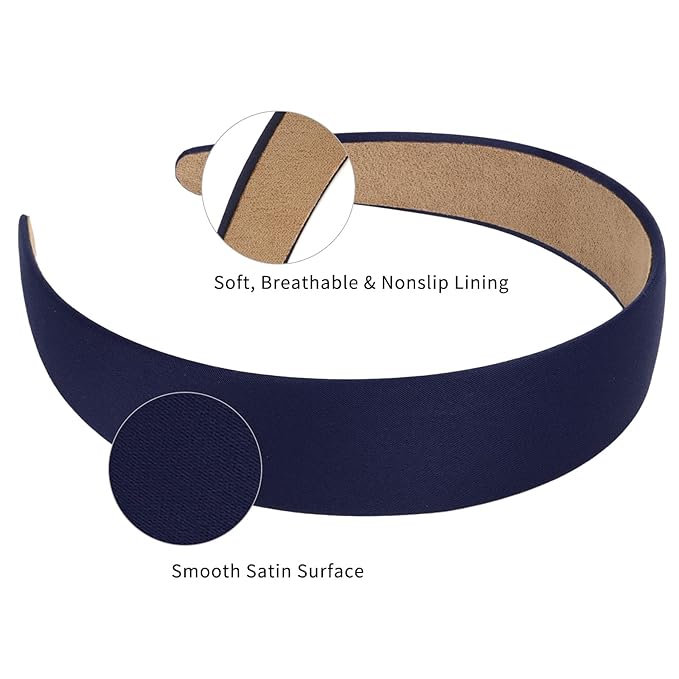Wecoe Hairband, 10 Pack Satin Headbands 1.3 Inch Wide, Dark Navy Blue, for Women and Girls, Non Slip Fashion Hair Bands, DIY Holiday Hair Accessories