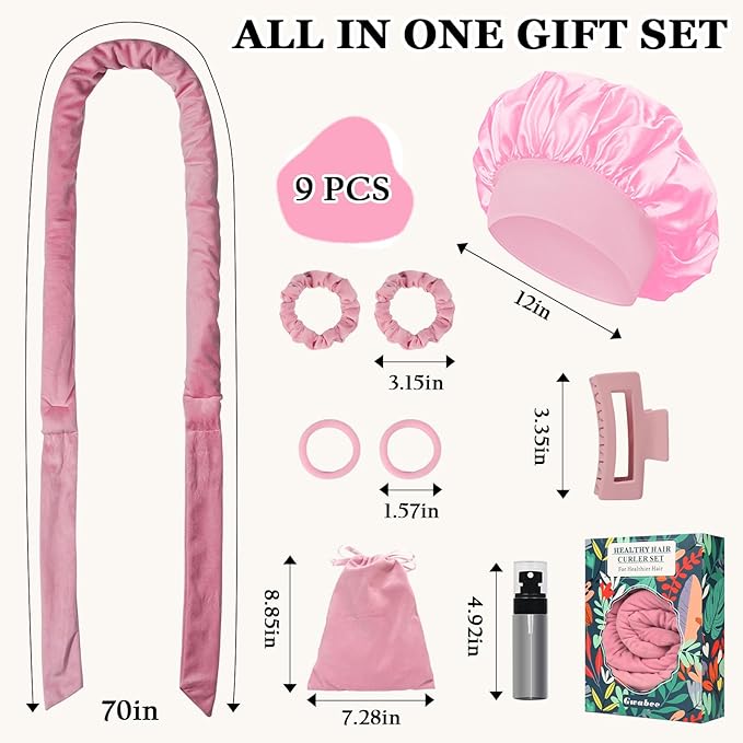 Gwabee No Heat Overnight Curl Headband, 70" Soft Ribbon Curl Wrap for Long Hair - 9 PCS Rods Set with Bonnet, Pink