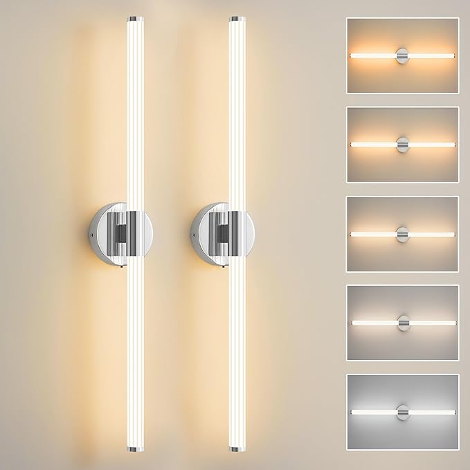 Bathroom Wall Sconces Set of 2 Hardwired Dimmable 5CCT LED Bathroom Light Fixtures Over Mirror 360° Full Lighting 31" Long Vanity Light Bar Modern Chrome Wall Sconce for Bedroom Living Room