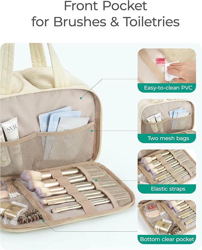 BAGSMART Travel Toiletry Bag, Puffy Large Toiletry Bag for Women, Lightweight Cosmetic Makeup Bag Organizer with Handle for Traveling, Accessories, Essentials, Toiletries （Beige