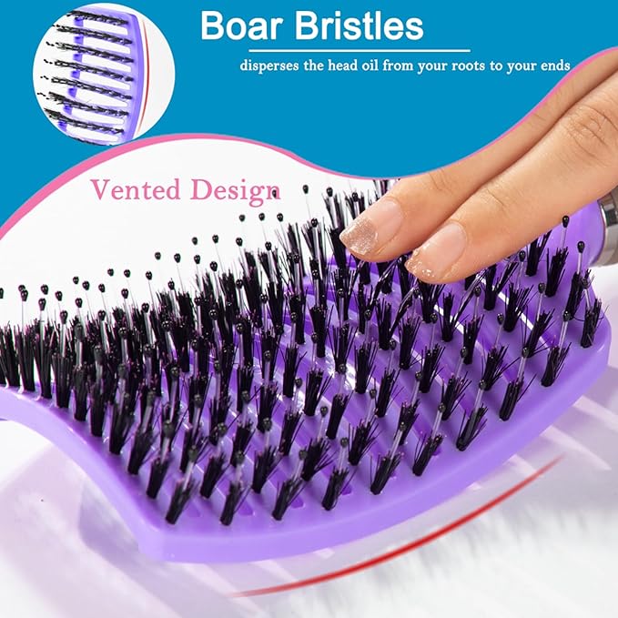 TaiBest Boar Bristle Hair Brush Set - Dry/Wet Hair Brush Detangler for Fine, Thick, Curly Hair - Curved and Vented Brush for Women, Men or Kids (Purple & Rose Red)