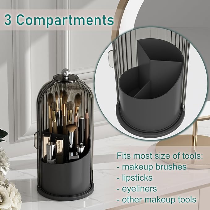 GAXmi Makeup Brush Holder with Lid Rotating Cosmetic Organizer, Black-Grey