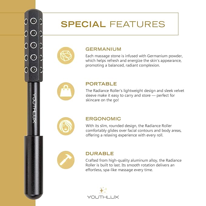 YOUTHLUX Radiance Roller – Germanium Stone Facial Massage Tool/Wand Face Roller for Lifting, Sculpting, De-Puffing, Glow Boost, Energizing & Cooling Effect (Black)