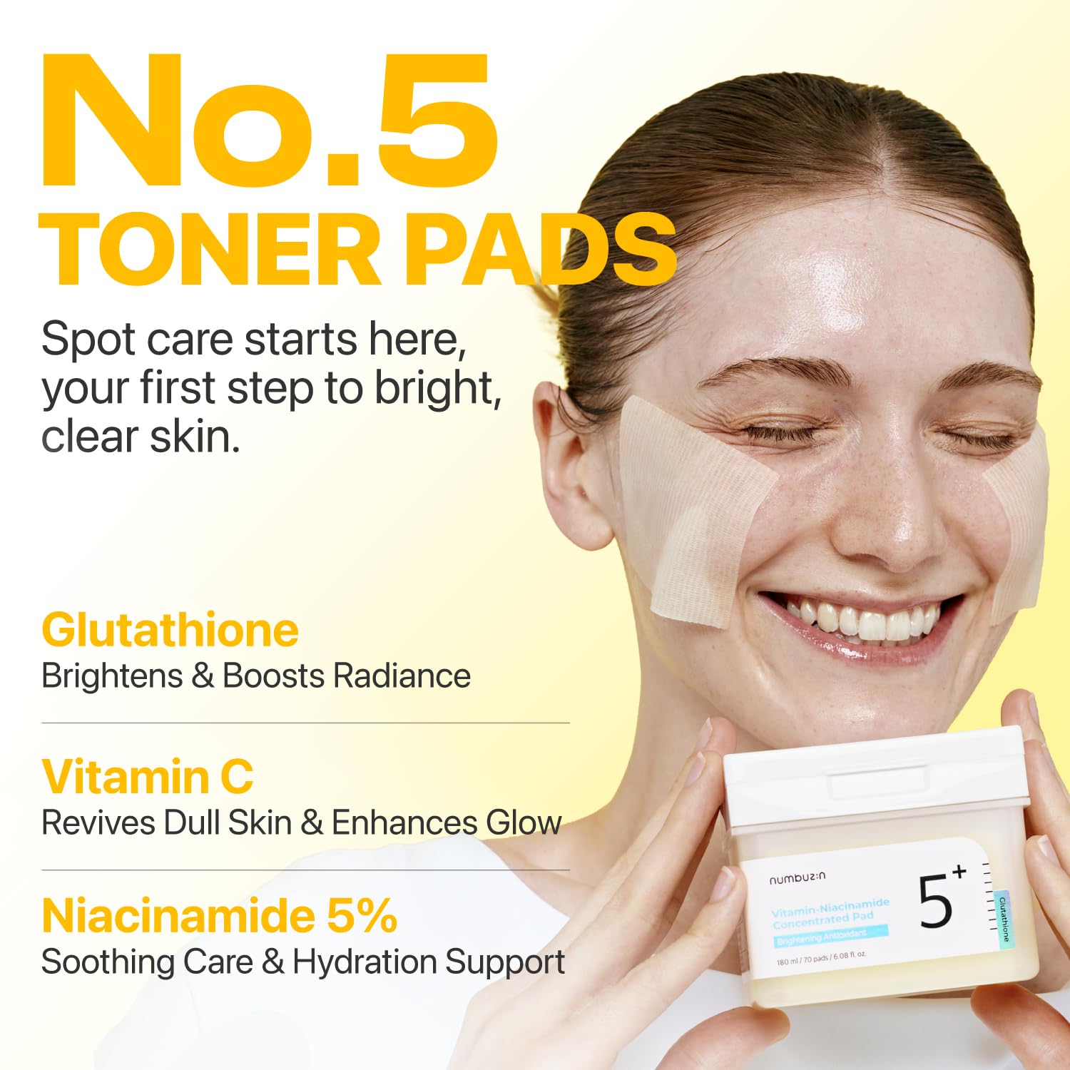 numbuzin No.5 Vitamin-Niacinamide Concentrated Pad, Daily Double-Sided Facial Pads with Glutathione, PHA & LHA for a Fresh, Radiant-Looking Skin Finish 180 ml (70 Pads)