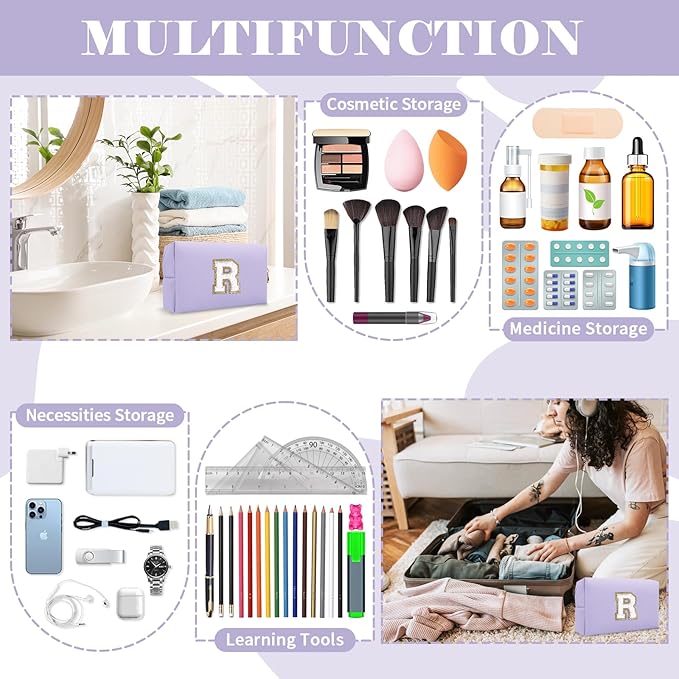 Personalized Makeup Bag Initial A-Z Preppy Patch Bag,Small PU Leather Travel Cosmetic Bag Pouch with Zipper,Purple Cute Toiletry Bag,Gift Ideal for Teen Girls Women Birthday Friend Mom,Latter R