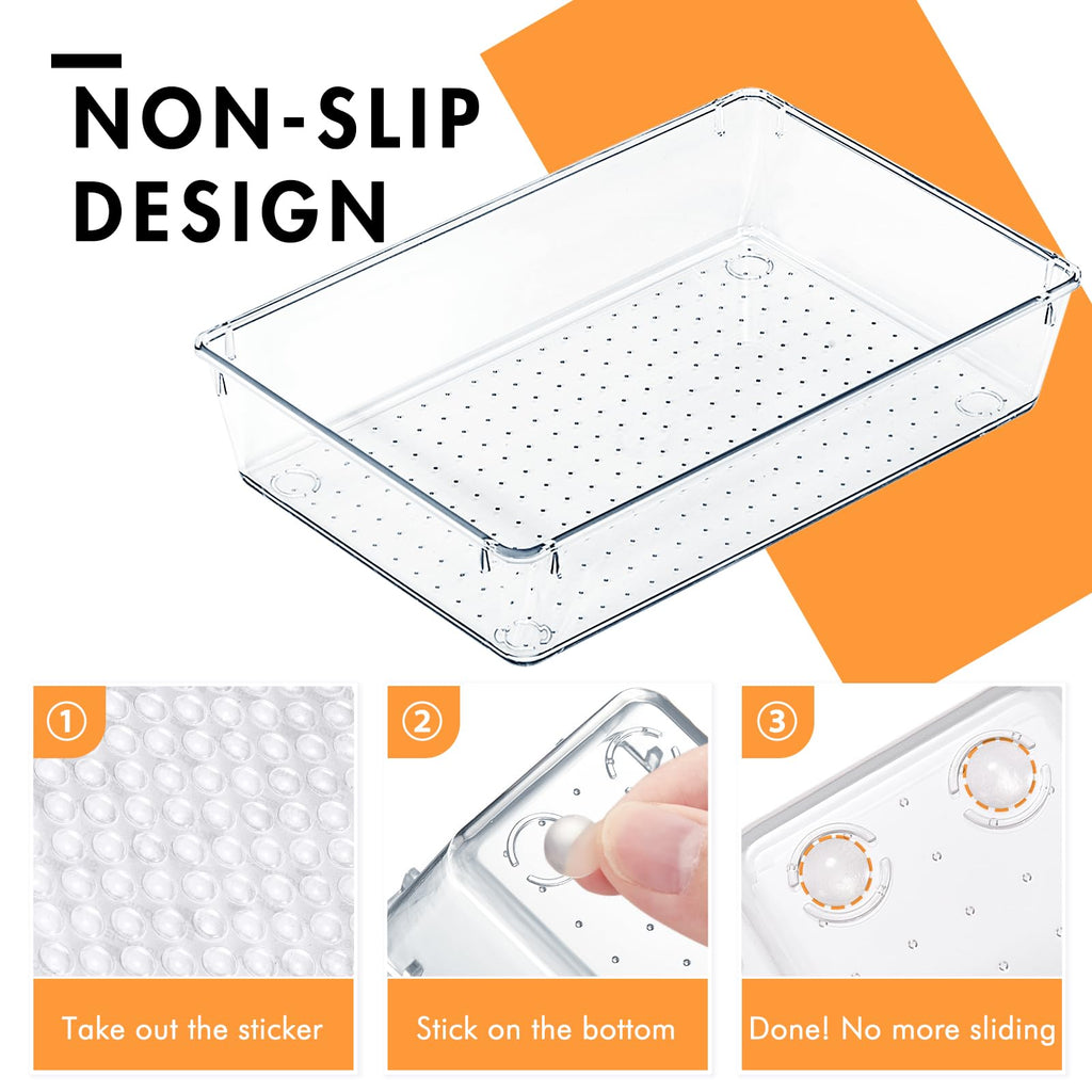 HOUSE DAY Desk Drawer Organizer Bins 6 PCS, 9*6*2" Clear Drawer Organizers with Silicone Pads, Vanity Organizers and Storage, Non Slip Plastic Drawer Organizer for Makeup, Bathroom, Kitchen, Office