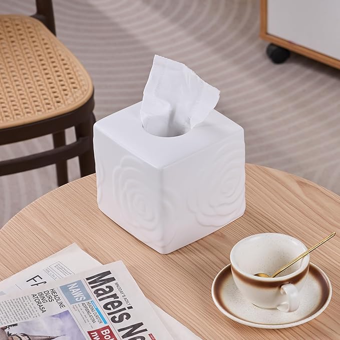 White Ceramic Rose Tissue Box Cover, Carved Flowers Large Square Tissue Box Holder Decorative for Bathroom, Vanity, Kitchen Countertop, Bedroom Night Stands, Office Desk Top
