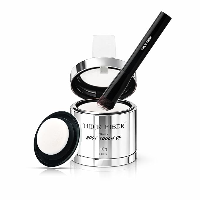 THICK FIBER Root Touch Up Powder with Brush – Covers Grey Roots, Thinning Hair & Bald Spots – Sweat & Water Resistant for Men & Women (White, 0.35 Ounce (Pack of 1))