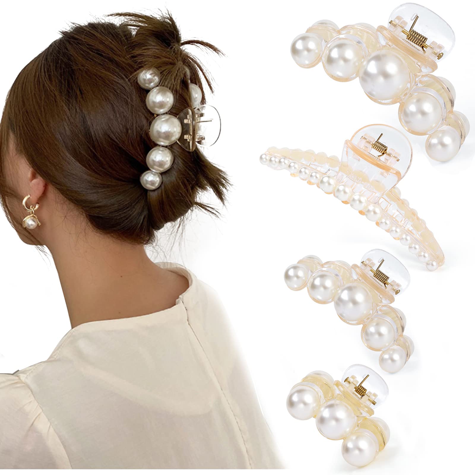 Mehayi 4 PCS Large Pearl Hair Claw Clips for Women and Girls, Non-Slip Hair Barrettes for Thick and Thin Hair, Elegant Hair Accessories for Weddings, Parties, and Daily Styling