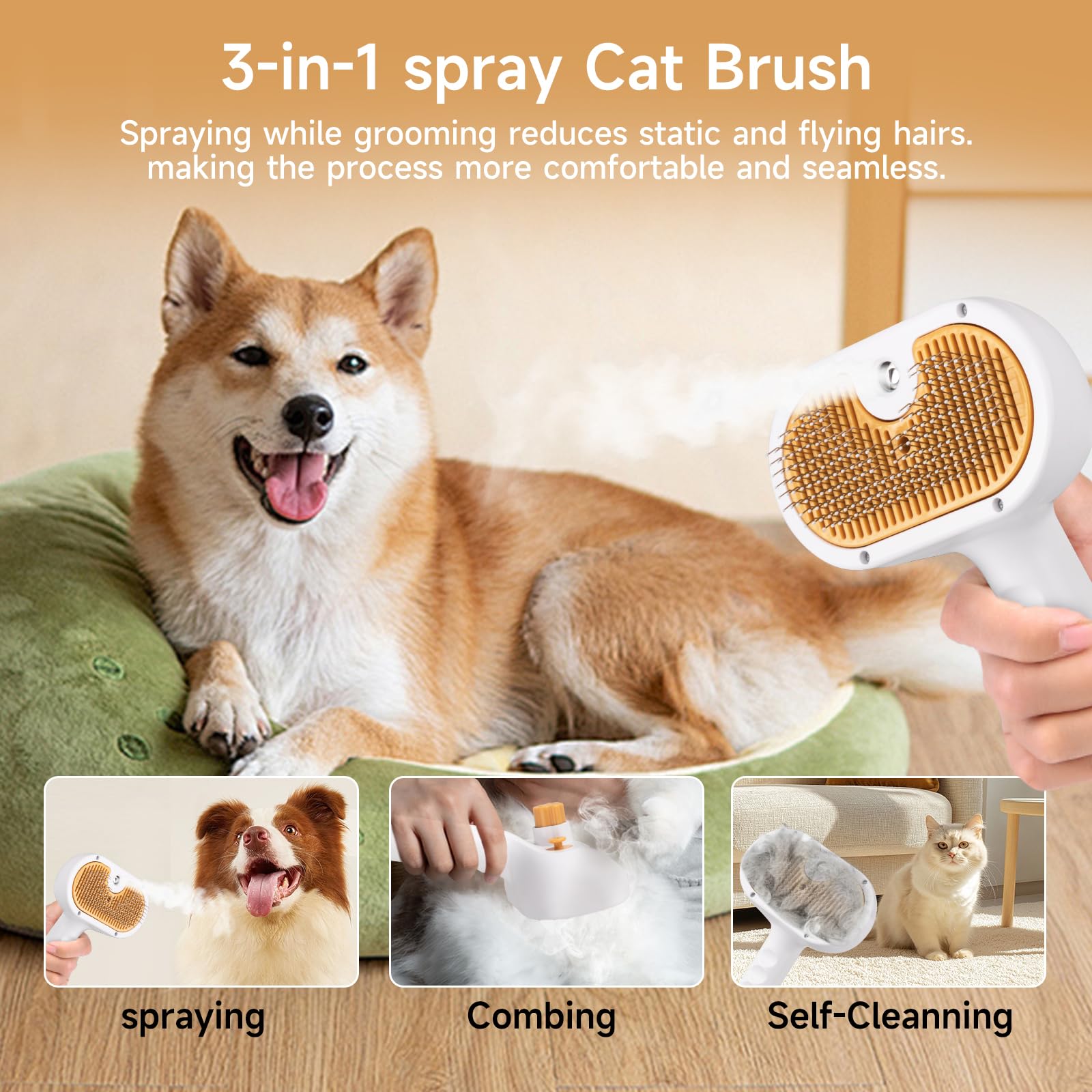 Pet Steam Brush for Dog & Cat Includes Waterless 2*Shampoo