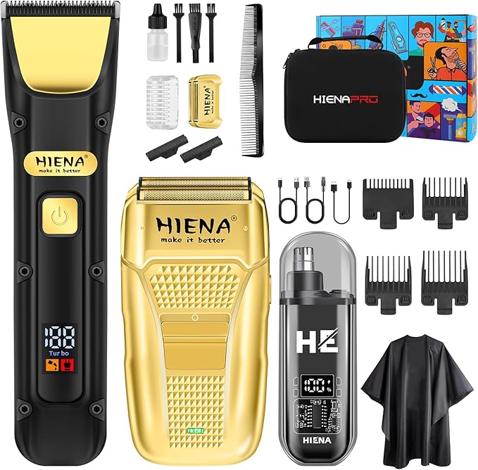 HIENA PRO Professional Hair Clippers Set for Men, Cordless Clipper Kit & Trimmer Set, Electric Foil Shavers and Beard Trimmers, Ear, Nose Hair Trimmer Set & Facial Grooming Tool Kit, Gifts for Men