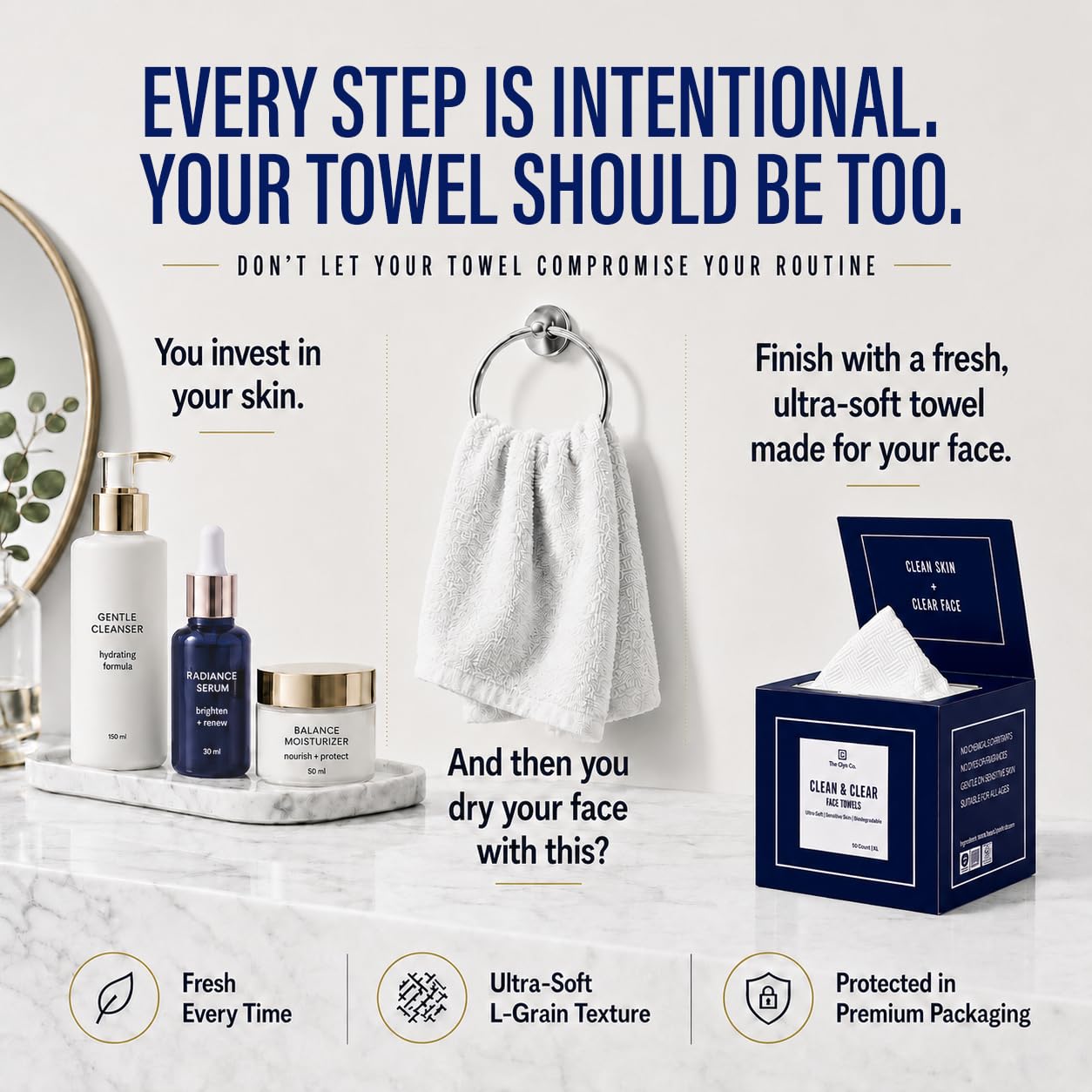 The Clyn Co. Clean & Clear Disposable Face Towels for Sensitive Skin, 50 Ct