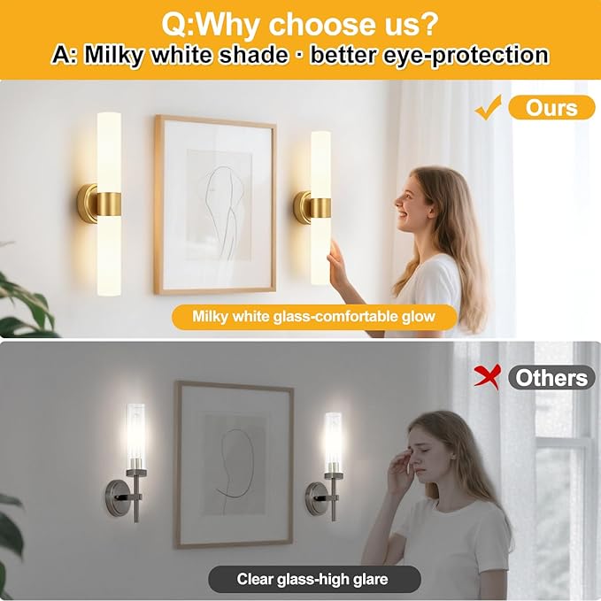 Wall Sconces Set of Two, Modern Bathroom Sconces Wall Lighting with Milky White Glass, Brushed Gold Sconces Wall Decor Set of 2 for Bathroom Mirror Bedroom Living Room Hallway (HARDWIRED)