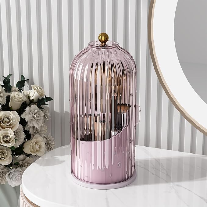 GAXmi Makeup Brush Holder with Lid Rotating Cosmetic Organizer, Pink-Purple
