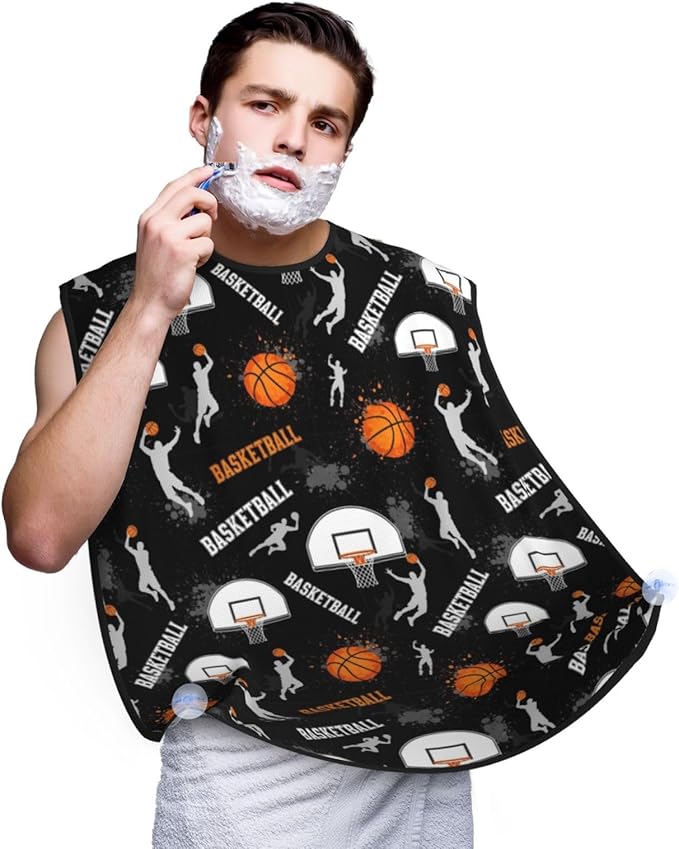 Beard Trimming Catcher Apron, Waterproof Non-Stick Grooming Bib for Shaving, Ideal for Men Dad Father’s Day, Game Sports Basketball Print Shave Bib