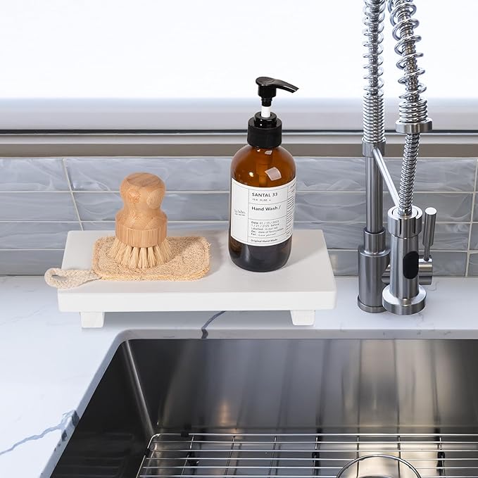 Wood Bathroom Tray Farmhouse Decor Kitchen Soap Holder, 10"x4.5" White