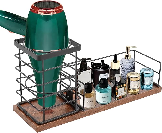 Siyzda Hair Tool Organizer, Movable Hair Dryer Holder, Hair Styling Tools Storage for Vanity, Bath Counter Organizer, Bathroom Trays for Hair Toiletry, Makeup (12" x 3.7" x 5.8", Wood-Black)