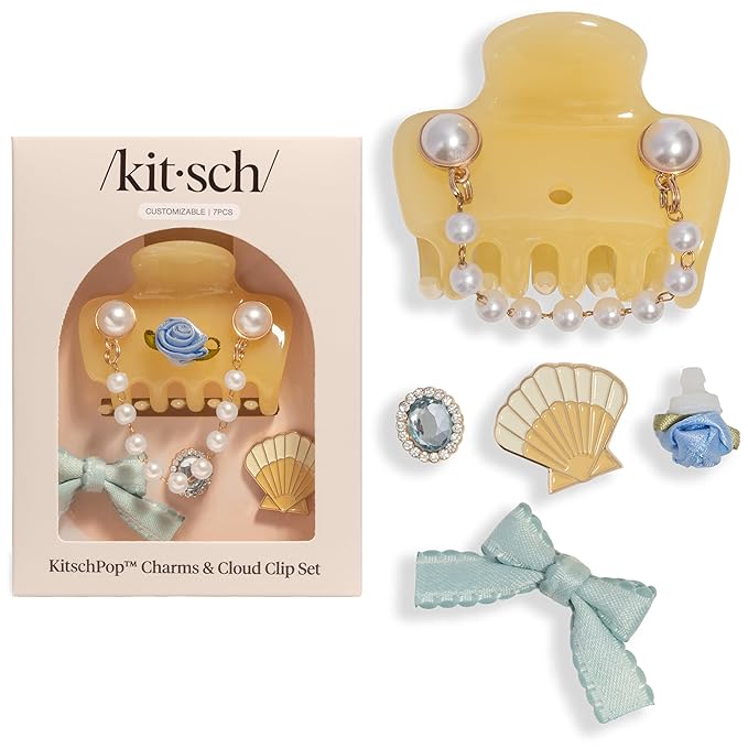 KitschPop ™ Hair Clips For Women with Charm Sets -Customizable Cloud Claw Clip With Interchangeable Collectible Cute Charms - Coastal Cottage - Butter Yellow, 7pcs Set