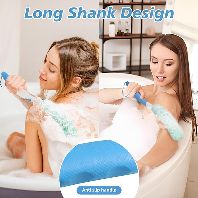 KkaFFe 15.35" Back Bath Brush with Sponge,Back Scrubber Bath Mesh with Anti-Slip Curved Long Handle Bath Body Brush for Elderly Aid Bathing and Shower