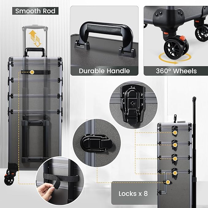 Yueieoun 5 in 1 Makeup Train Case, Cosmetology Case on Wheels Travel Make up Case Rolling Nail Cart Makeup Organizer Cosmetic Storage Box Cases Extra Large Trolley Truck, 360° Swivel Wheels, Ashy Grey